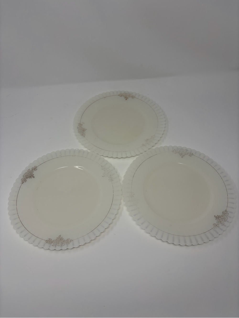 Uranium Set of 3 Monax “Petalware” 8” Plates Gold Trim by MacBeth Evans Vintage